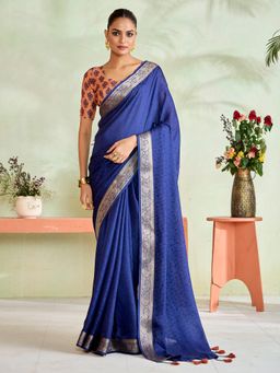 Akhilam - Womens Crepe Navy Blue Designer Saree with Unstitched Blouse