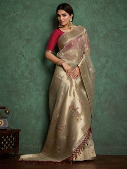 Akhilam - Womens Tissue Beige Woven Designer Saree with Unstitched Blouse