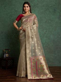 Akhilam - Womens Tissue Beige Woven Designer Saree with Unstitched Blouse