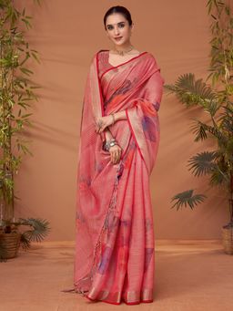 Akhilam - Womens Linen Blend Peach Printed Designer Saree with Unstitched Blouse
