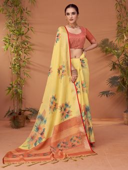 Akhilam - Womens Linen Blend Yellow Printed Designer Saree with Unstitched Blouse