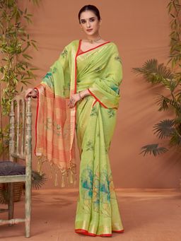 Akhilam - Womens Linen Blend Light Green Printed Designer Saree with Unstitched Blouse