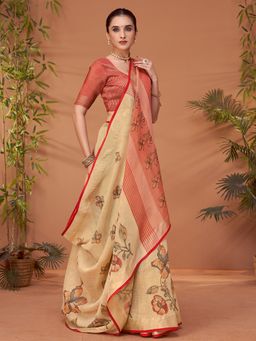 Akhilam - Womens Linen Blend Cream Printed Designer Saree with Unstitched Blouse
