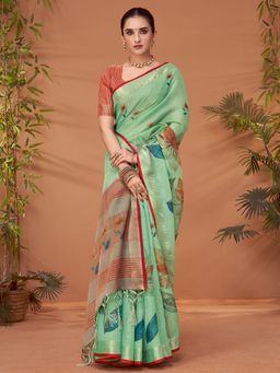 Akhilam - Womens Linen Blend Sea Green Printed Designer Saree with Unstitched Blouse