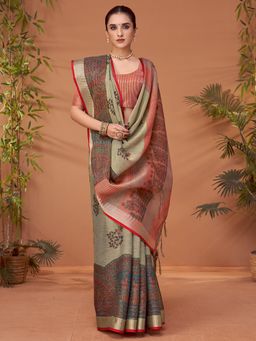 Akhilam - Womens Linen Blend Grey Printed Designer Saree with Unstitched Blouse