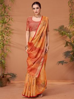 Akhilam - Womens Linen Blend Orange Printed Designer Saree with Unstitched Blouse