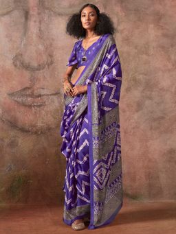 Akhilam - Womens Satin Purple Printed Designer Saree with Unstitched Blouse