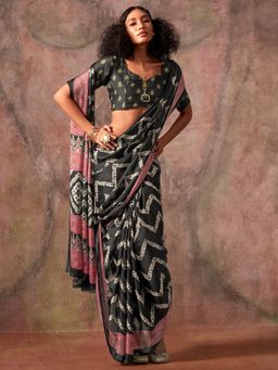 Akhilam - Womens Satin Black Printed Designer Saree with Unstitched Blouse