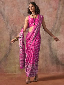 Akhilam - Womens Satin Pink Printed Designer Saree with Unstitched Blouse