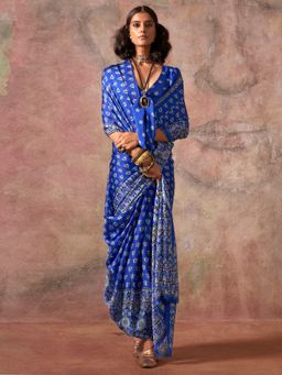 Akhilam - Womens Satin Blue Printed Designer Saree with Unstitched Blouse