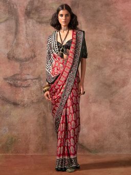 Akhilam - Womens Satin Maroon Printed Designer Saree with Unstitched Blouse
