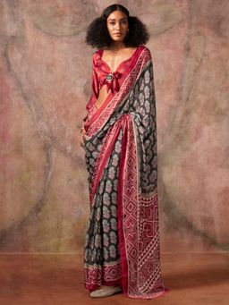 Akhilam - Womens Satin Black Printed Designer Saree with Unstitched Blouse