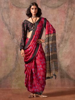 Akhilam - Womens Satin Maroon Printed Designer Saree with Unstitched Blouse