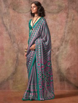 Akhilam - Womens Satin Teal Blue Printed Designer Saree with Unstitched Blouse