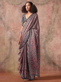 Akhilam - Womens Satin Grey Printed Designer Saree with Unstitched Blouse