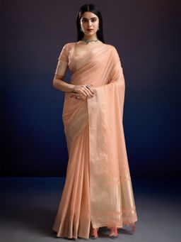 Akhilam - Womens Linen Blend Peach Woven Designer Saree with Unstitched Blouse