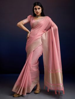 Akhilam - Womens Linen Blend Pink Woven Designer Saree with Unstitched Blouse
