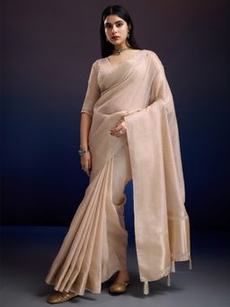 Akhilam - Womens Linen Blend Beige Woven Designer Saree with Unstitched Blouse