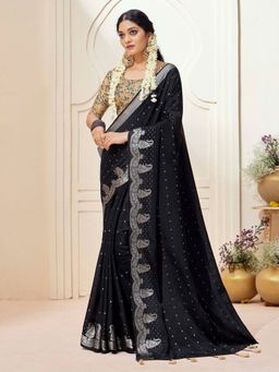 Akhilam - Womens Chinnon Black Woven Designer Saree with Unstitched Blouse