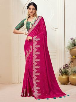 Akhilam - Womens Chinnon Pink Woven Designer Saree with Unstitched Blouse