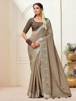 Akhilam - Womens Chinnon Grey Woven Designer Saree with Unstitched Blouse
