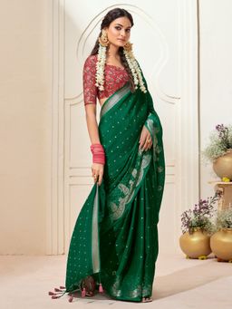 Akhilam - Womens Chinnon Green Woven Designer Saree with Unstitched Blouse
