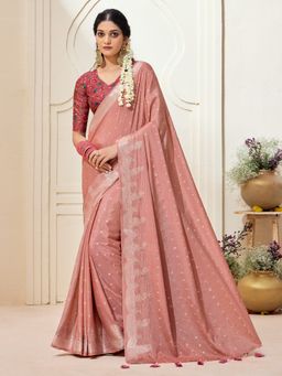 Akhilam - Womens Chinnon Peach Woven Designer Saree with Unstitched Blouse