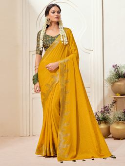 Akhilam - Womens Chinnon Yellow Woven Designer Saree with Unstitched Blouse