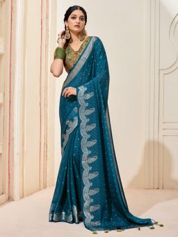 Akhilam - Womens Chinnon Teal Blue Woven Designer Saree with Unstitched Blouse