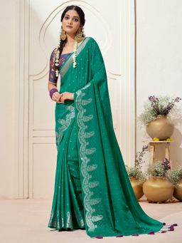 Akhilam - Womens Chinnon Teal Green Woven Designer Saree with Unstitched Blouse