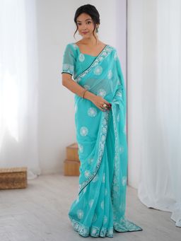 Akhilam - Womens Georgette Blue Embellished Designer Saree with Unstitched Blouse