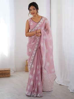 Akhilam - Womens Georgette Mauve Embellished Designer Saree with Unstitched Blouse