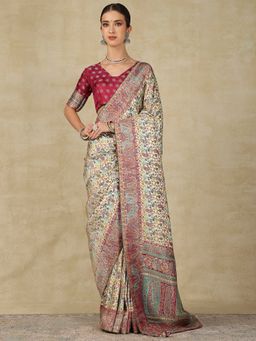 Akhilam - Womens Viscose Cream Woven Designer Saree with Unstitched Blouse