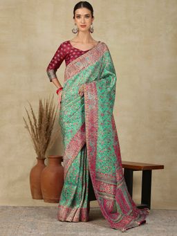 Akhilam - Womens Viscose Turquoise Woven Designer Saree with Unstitched Blouse