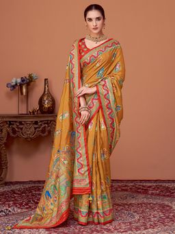 Akhilam - Womens Viscose Silk Mustard Printed Designer Saree with Unstitched Blouse