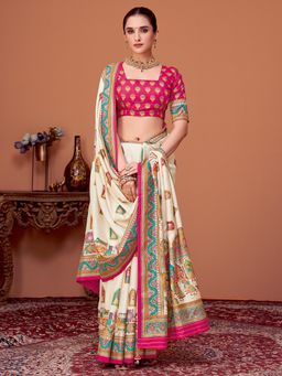 Akhilam - Womens Viscose Silk Cream Printed Designer Saree with Unstitched Blouse