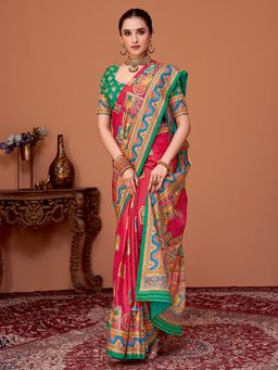 Akhilam - Womens Viscose Silk Red Printed Designer Saree with Unstitched Blouse