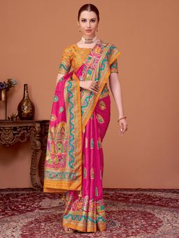 Akhilam - Womens Viscose Silk Pink Printed Designer Saree with Unstitched Blouse