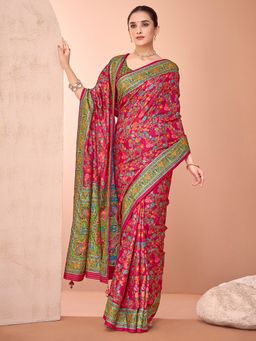 Akhilam - Womens Viscose Silk Red Printed Designer Saree with Unstitched Blouse