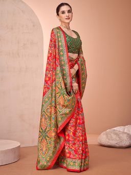 Akhilam - Womens Viscose Silk Red Printed Designer Saree with Unstitched Blouse
