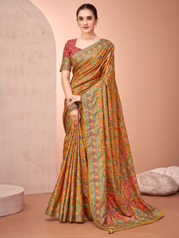 Akhilam - Womens Viscose Silk Mustard Printed Designer Saree with Unstitched Blouse
