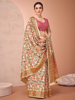 Akhilam - Womens Viscose Silk Beige Printed Designer Saree with Unstitched Blouse