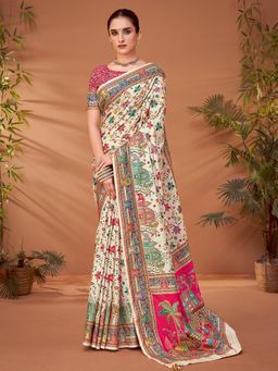 Akhilam - Womens Viscose Silk Cream Printed Designer Saree with Unstitched Blouse