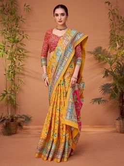 Akhilam - Womens Viscose Silk Yellow Printed Designer Saree with Unstitched Blouse