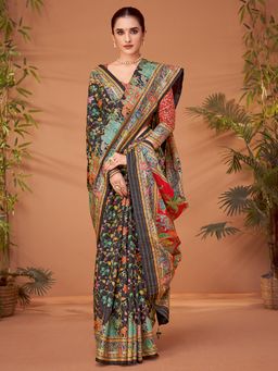 Akhilam - Womens Viscose Silk Black Printed Designer Saree with Unstitched Blouse