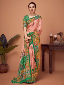 Akhilam - Womens Viscose Silk Peach Printed Designer Saree with Unstitched Blouse