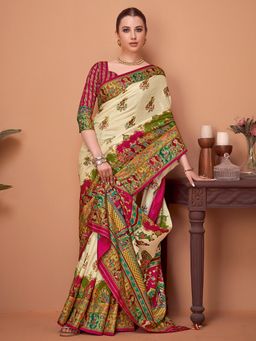 Akhilam - Womens Viscose Silk Cream Printed Designer Saree with Unstitched Blouse