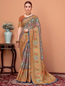 Akhilam - Womens Silk Blend Navy Blue Kalamkari Designer Saree with Unstitched Blouse