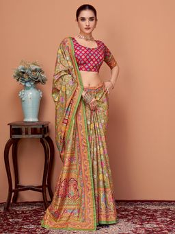 Akhilam - Womens Silk Blend Green Kalamkari Designer Saree with Unstitched Blouse