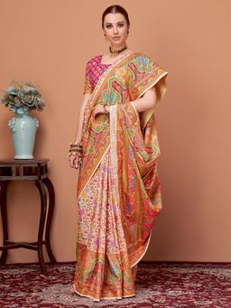 Akhilam - Womens Silk Blend Peach Kalamkari Designer Saree with Unstitched Blouse